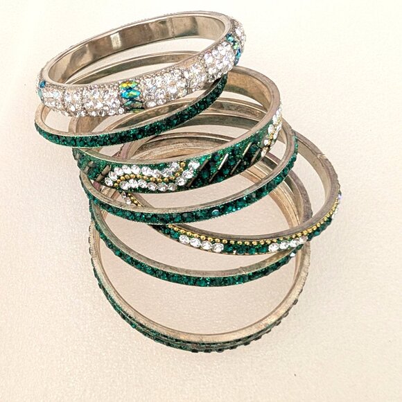 Bundle of 8 green, gold and clear sparkly beaded stacking bangles - Picture 10 of 10